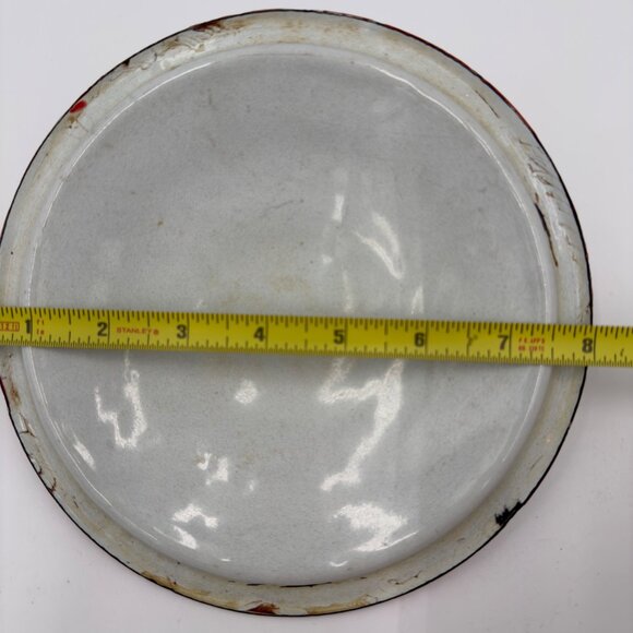 Vintage Enamelware Metal Lid Red Rim 8" Diameter Rustic Farmhouse Style Lid Only - Picture 4 of 6